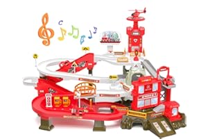 RISUNTOY 52PCS Fire Rescue Adventure Track Playset for Kids Ages 3+, Electric Ladder, 3 Mini Cars&one Airplane, Multi-Level Tracks with Lights & Sounds, Obstacles & Role Play, Gift for Boys & Girls
