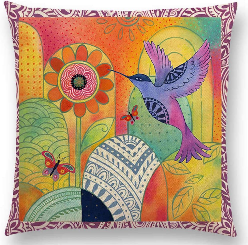 The Beach Stop Decorative Abstract Bird Patterned Boho Cushion Cover | Sofa and Bedroom Home Decor | Gift Idea for Her | 45x45cm 18x18 | Hummingbird Painting