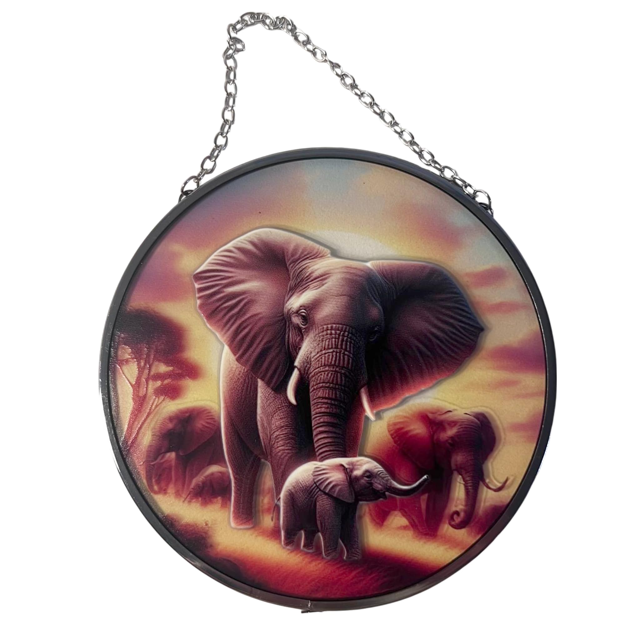 Elephant Family Stained Glass Suncatcher - 6-Inch Decorative Window Hanging, Vibrant Elephant Design