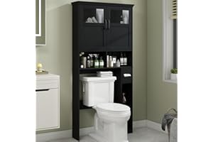 Vabches Over The Toilet Storage Cabinet, Storage Cabinet Over Toilet with Double Doors & Toilet Paper Holder Stand, Freestanding Toilet Shelf Space Saver with Anti-Tip Design & Adjustable Shelf, Black