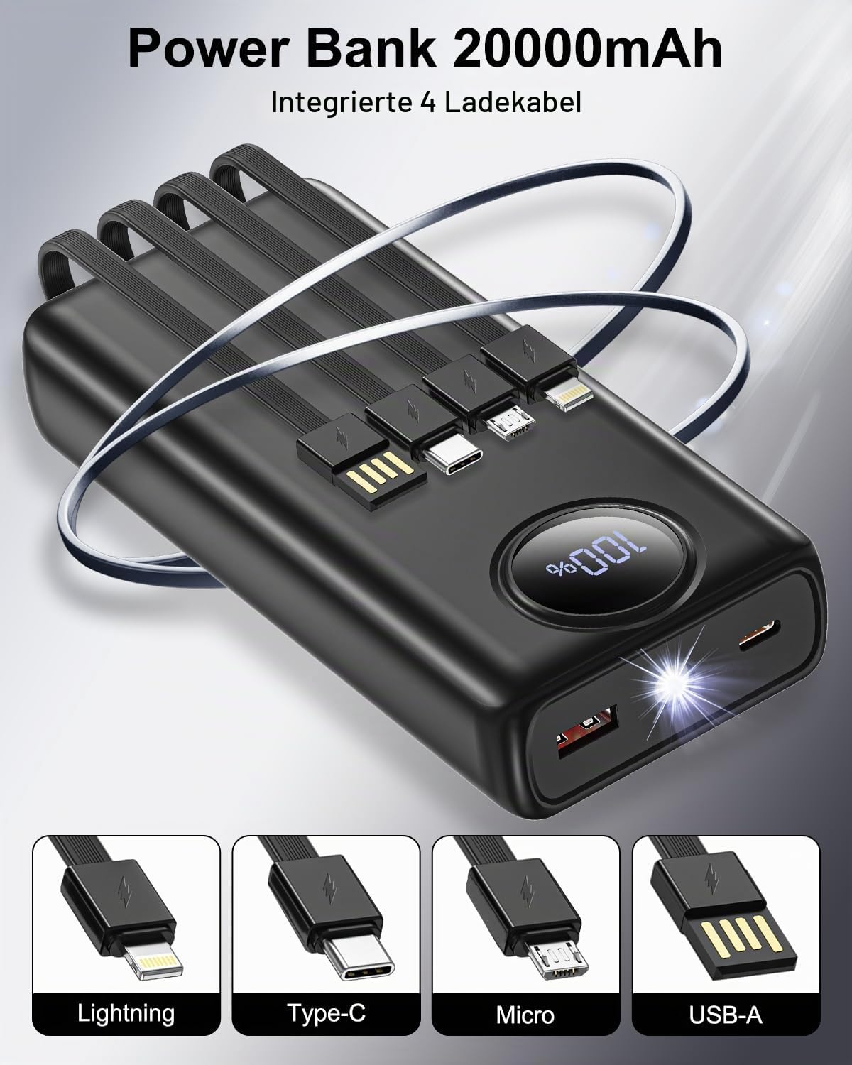 Powerbank 20000mAh, 22.5W Schnelllade Power Bank mit 4 Kabel Power Bank 2