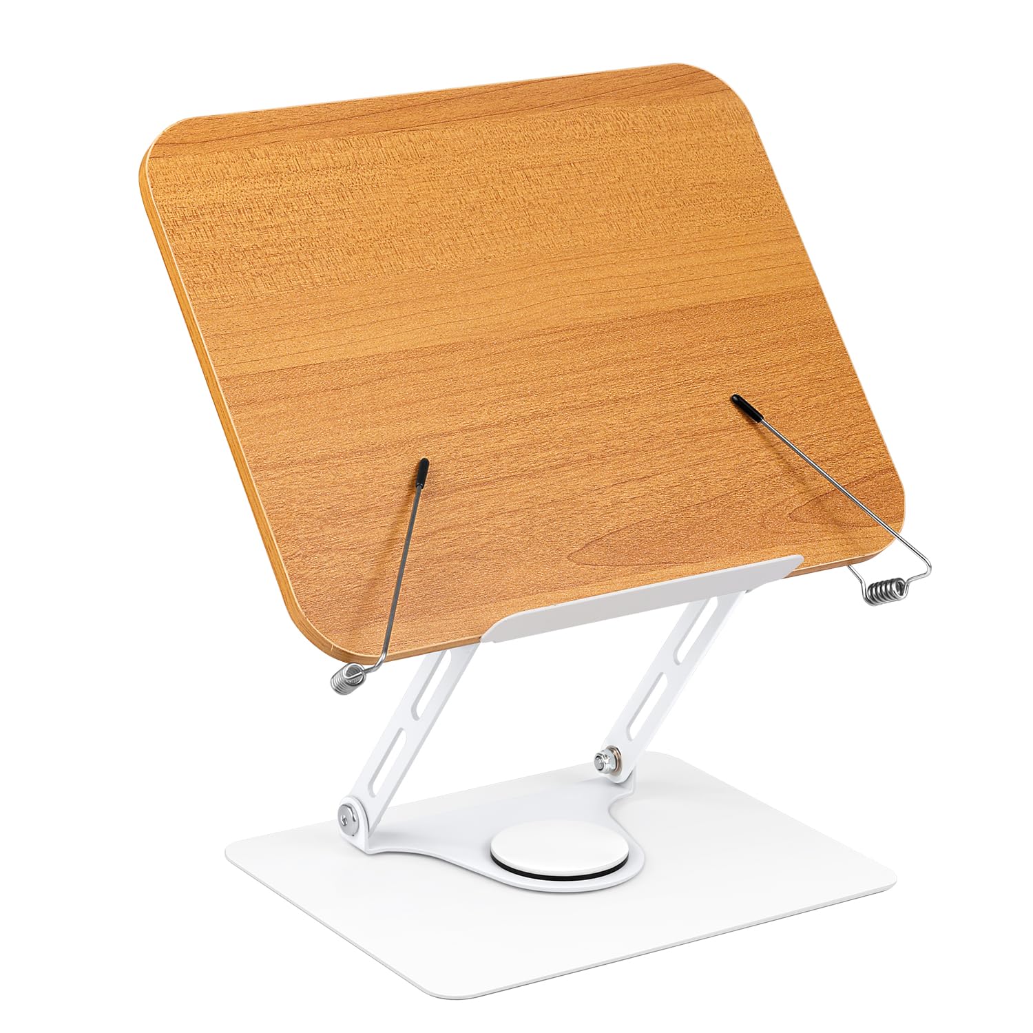 Wooden Book Stand for Reading, 360°Adjustable Book Holder Foldable Recipe Cook Book Stand for Kitchen Book Display Stand with Elastic Page Clips for Laptop Magazine Document Music Sheet(Yellow) — image 1