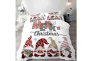 LUVIVIHOME 3PCS Cute Gnome Duvet Cover King Bedding Set, White Duvet Cover, Boys Girls Kids Bedding, Red Plaid Striped Leopard Print Snowflake Winter Holiday Christmas Comforter Cover, 2 Pillow Shams