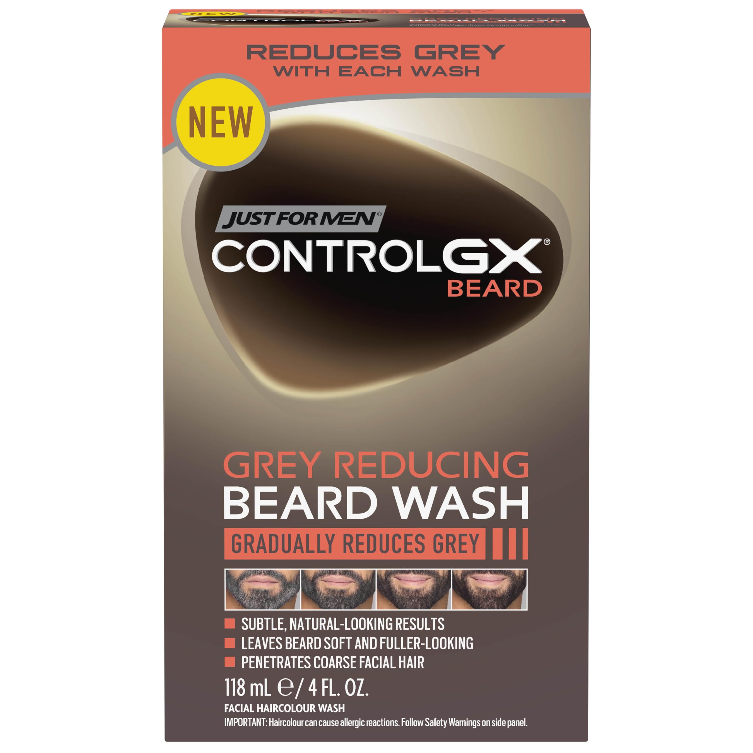 Just For Men Control GX Beard Wash, Reduces Grey with Each Wash for Subtle, Natural - Looking Results - All Shades, 118 ml