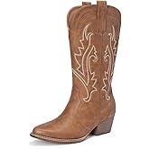 DREAM PAIRS Women's Cowboy Cowgirl Boots Embroidered Pointed Toe Low Heel Western Mid Calf Boot for Theme Party Country Concert