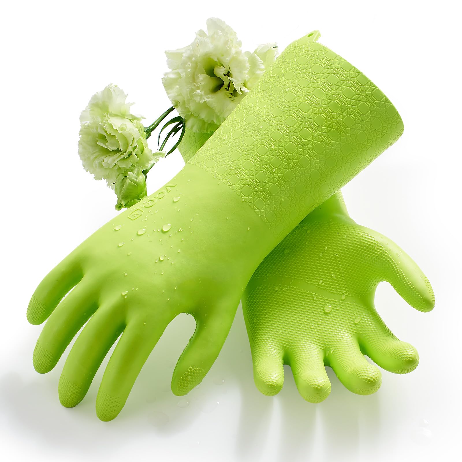 Vgo... Heavy Duty Cleaning Gloves Lined Nylon, Household Gloves Reuseable in TPE Latex Free, Thicker Antislip Washing Up Gloves for Kitchen Bathroom Gardening Painting, with Flower Flavor, 1 pair