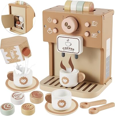 BUYGER Wooden Coffee Machine Toy for Kids Role Play Kitchen Accessories