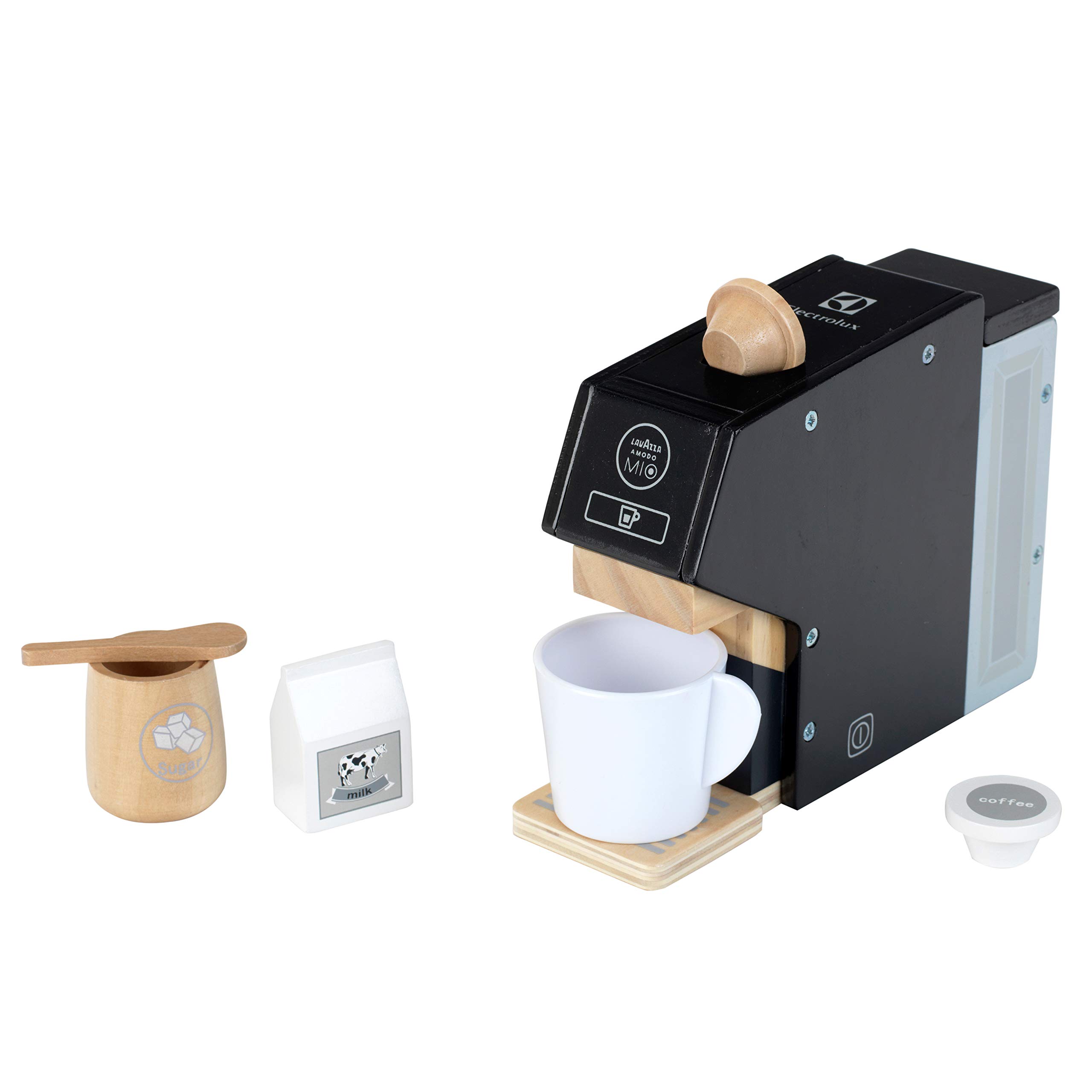 Theo Klein 7401 Electrolux Coffee Maker, wood I Incl. cup, capsules, milk and sugar I Accessories for children and play kitchens | Dimensions: 19 cm x 5.5 cm x 14 cm I Toy for children from 3 years
