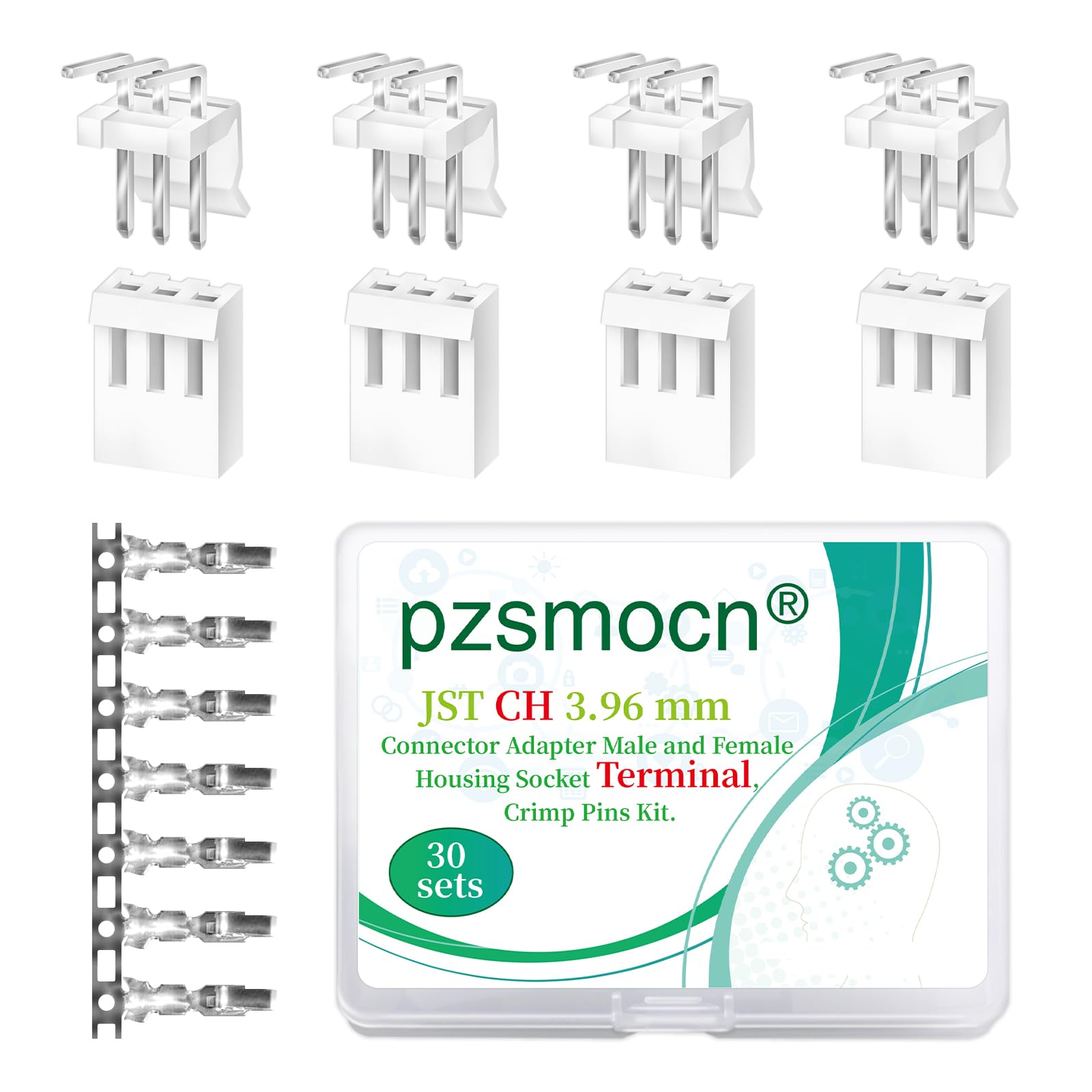 pzsmocn 150 Pieces / 30 Sets JST CH SMT 3.96 mm Pitch 3 Pin Female Housing and Male Adapter Connector Plug Socket Terminal Wires Cables 24-18 AWG Assembly, Header Crimp Pins Kit