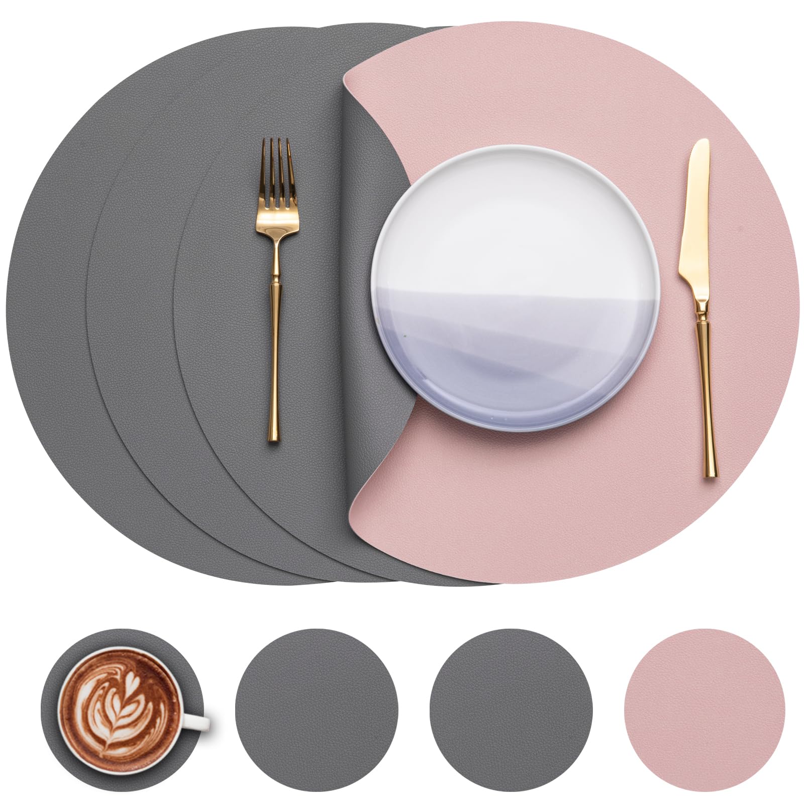 Myir JUN Round Table Placemats Set of 4 Faux Leather Place Mats and Coasters 15 inch Round Dual Sided Placemats Non-Slip Wipe Clean Stain Resistant (Gray Pink,Set of 4)