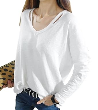 Amazon ペプ Pepu Vネック Tシャツ 七分袖 白 レディース カットソー 無地 トップス 薄手 ホワイト オフショル Tシャツ カットソー 通販