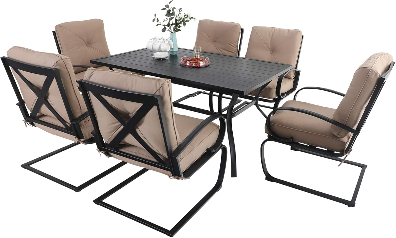 Mfstudio 7 Piece Patio Dining Sets 6 Swivel Chairs With Cushions And 1 Wood Like Pvc Surface Rectangle Table Patio Furniture Sets For Garden Lawn Backyard Dining Sets Patio Lawn Garden Nettserier No