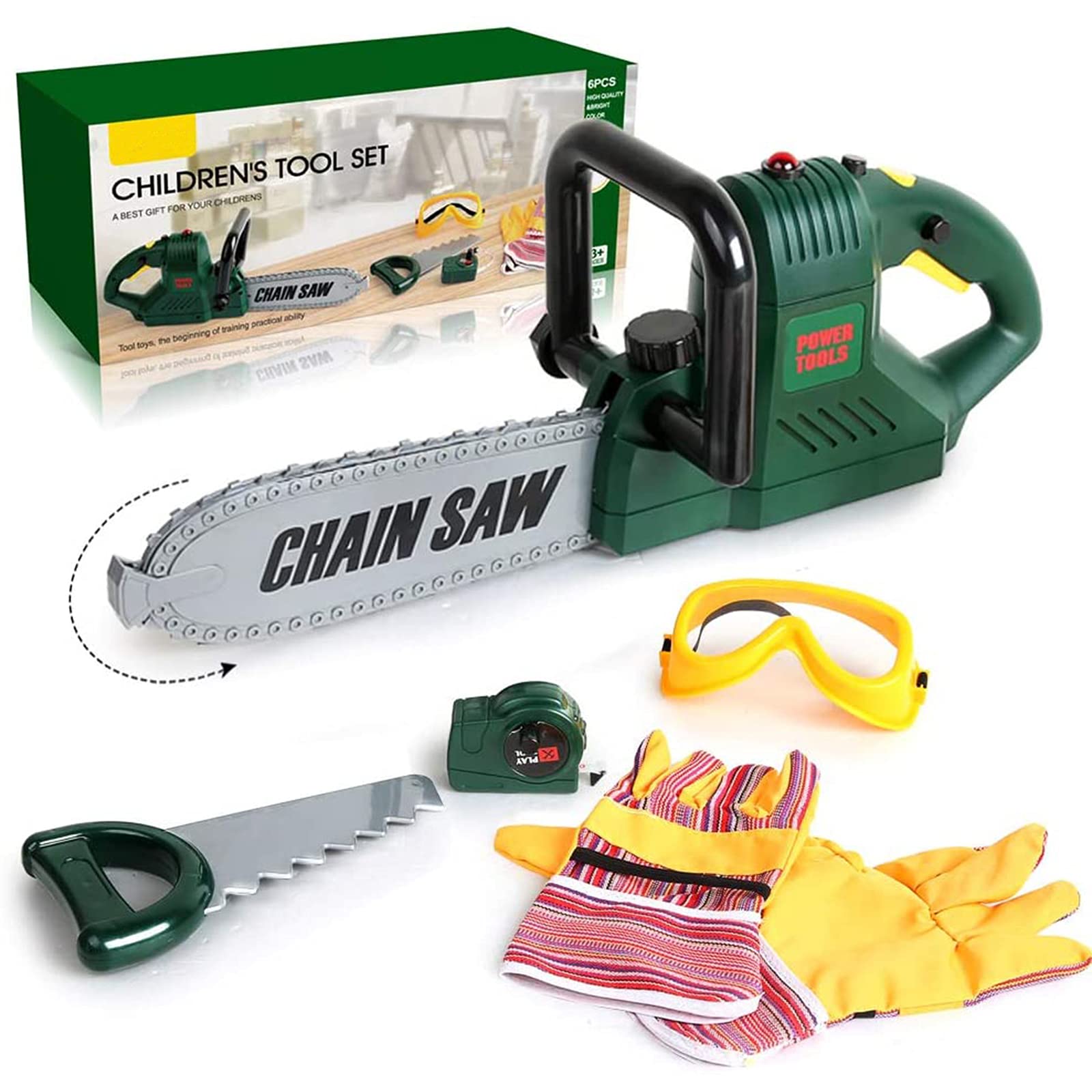 Veluoess 6 Pcs Kids Tool Set,Construction Tool Set with Electric Chainsaw Toy Saw Goggle and Tape Measure,Pretend Play Tool Kit Learning Toys Educational Gifts for Boys and Girls 3 Years+