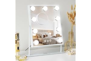 FENCHILIN Vanity Mirror with Lights Hollywood Lighted Makeup Mirror with 9 LED Bulbs, 3Colors Dimable Light Detachable 10X Magnification(White)