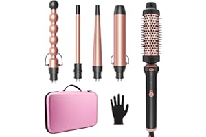 GSKY 5 in 1 Curling Iron Set, Hair Curler with Curling Brush and 4 Interchangeable Ceramic Curling Wand(0.5”-1.25”), Fast Heating, Include Suitcase & 2 Clips & Heat Protective Glove