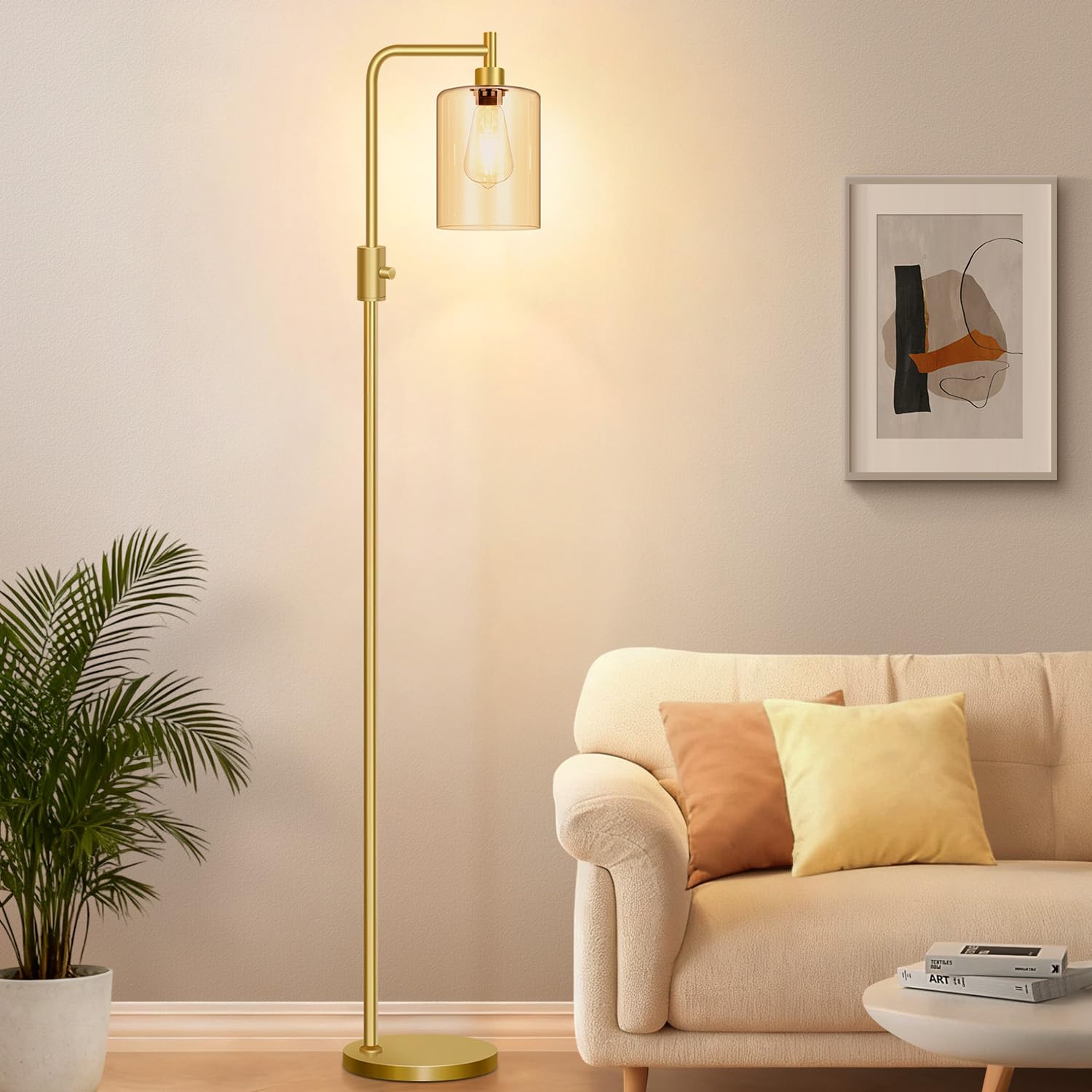Photo 1 of ?Upgraded?Gold Dimmable Floor Lamp for Living Room with Amber Glass Lampshade, Glass Modern Floor Lamp with 900LM Bulb Included, Bright Standing Tall Lamp for Bedroom, Office, Reading Room, Corner