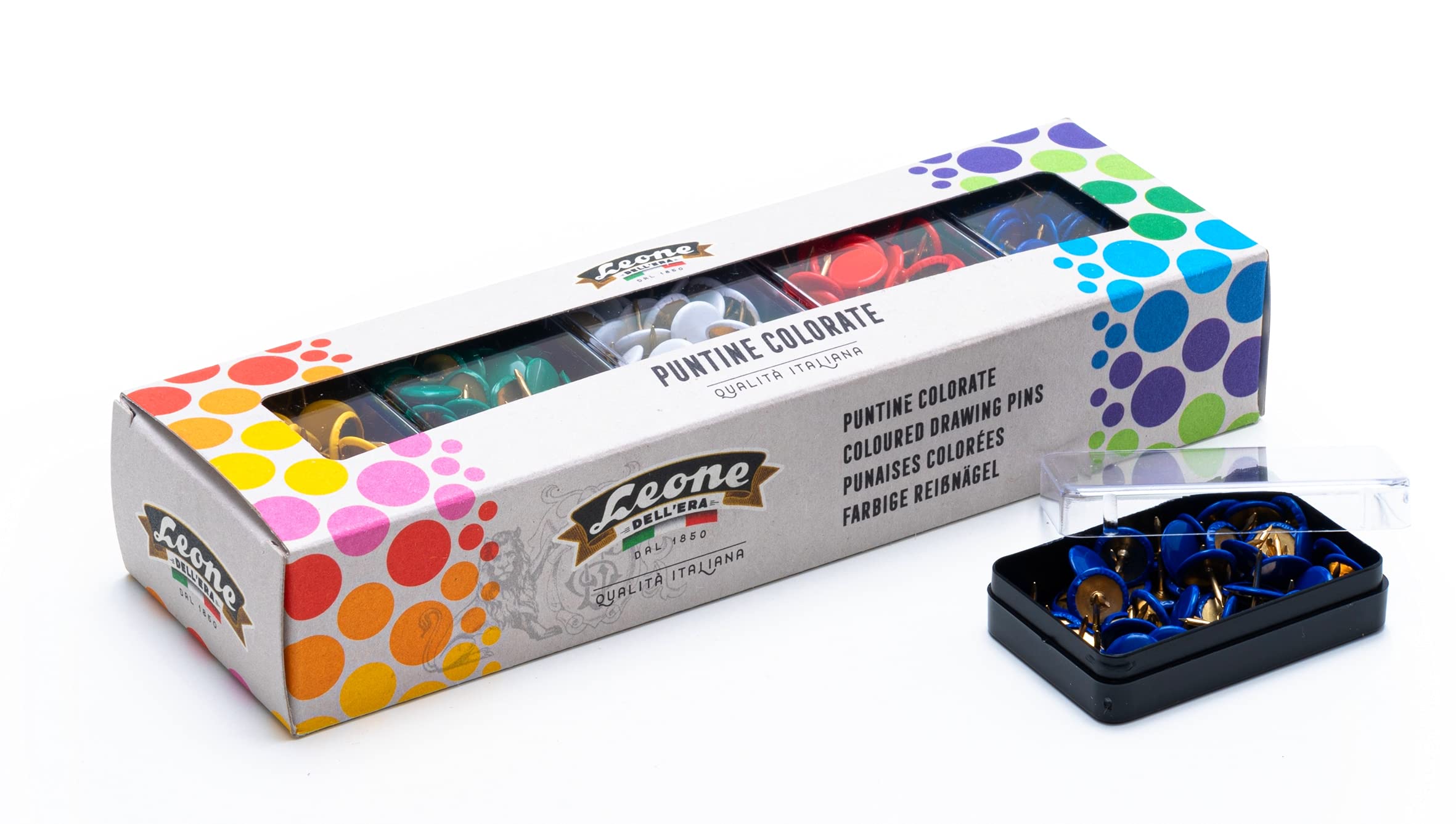 500 Coloured Drawing Pins Leone Dell'Era – Heat Shrinkable with 10 Boxes of 50 Pieces, Assorted Colours – Made in Italy