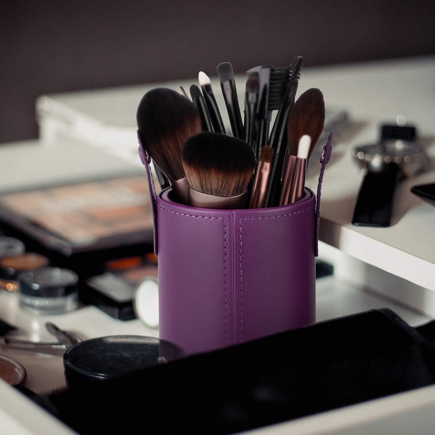 Makeup Brush Holder Travel Brushes Case Bag Cup Storage Dustproof for Women and Girls (Purple)