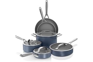 Ninja NeverStick Ceramic Pro 10-Piece Cookware Set, Non-Stick Pots & Pans Set with Glass Lids, Ceramic Coated, Stainless Steel Handles, Oven Safe, All Stovetops & Induction Compatible, Blue, CW39010MM