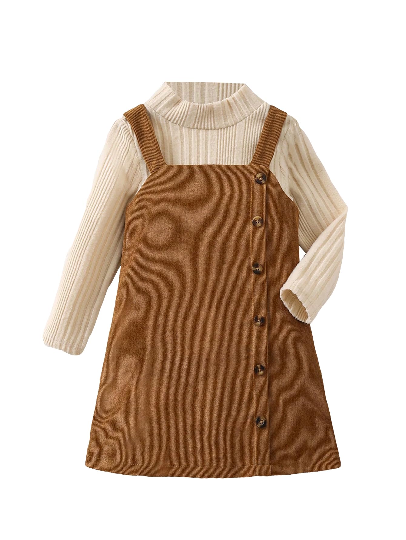 Photo 1 of MakeMeChic Toddler Baby Girl Fall Outfits Mock Neck Long Sleeve Top and Corduroy Button Overall Dress Sets Beige and Brown 4Y