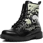coolcustomize Custom Black Combat Boots for Women Fashion Lace-Up Skull Rose Ankle Booties Chunky Heel Platform Leather Boots