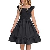FREELYVE Girls Summer Dresses Smocked Flutter Sleeve Square Neck Ruffle Beach Party Teen Dress 6-14 Years