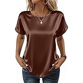 Zeagoo Satin Blouse for Women Business Casual Outfit Short Sleeve Tops Crewneck Tshirt Silk Shirt Summer Clothes