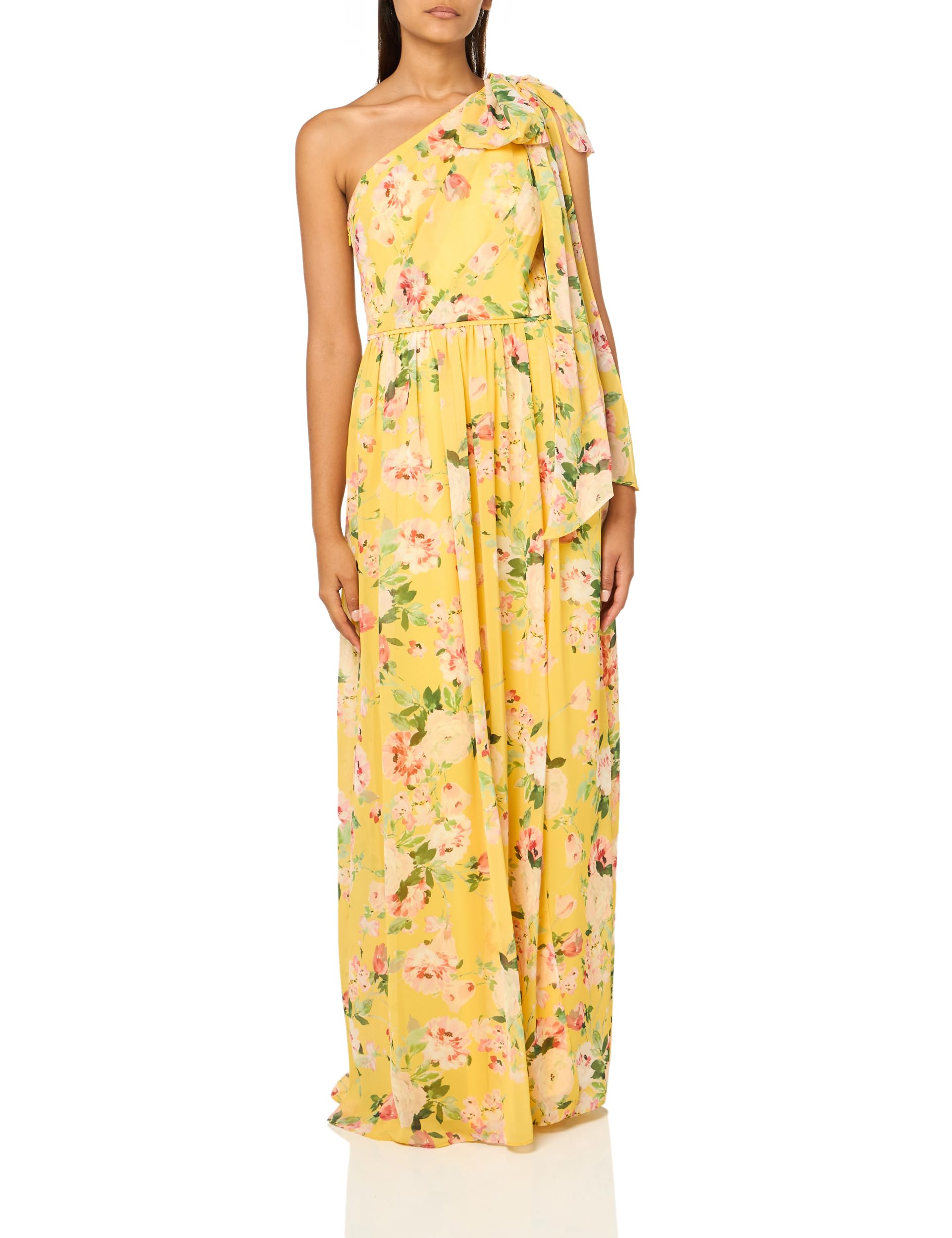 Photo 1 of Adrianna Papell Women's One Shoulder Chiffon Gown | Long Evening Gown with Pleated Skirt, Fitted Bodice & Side Leg Slit, Yellow Multi 14