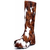 XOBZJH Women’s Wide Calf Cowgirl Boots – Handmade Knee-High Country Cowboy Winter Boots with Genuine Calf Hair, Shearling Lining & Platform Sole, Retro Western Style