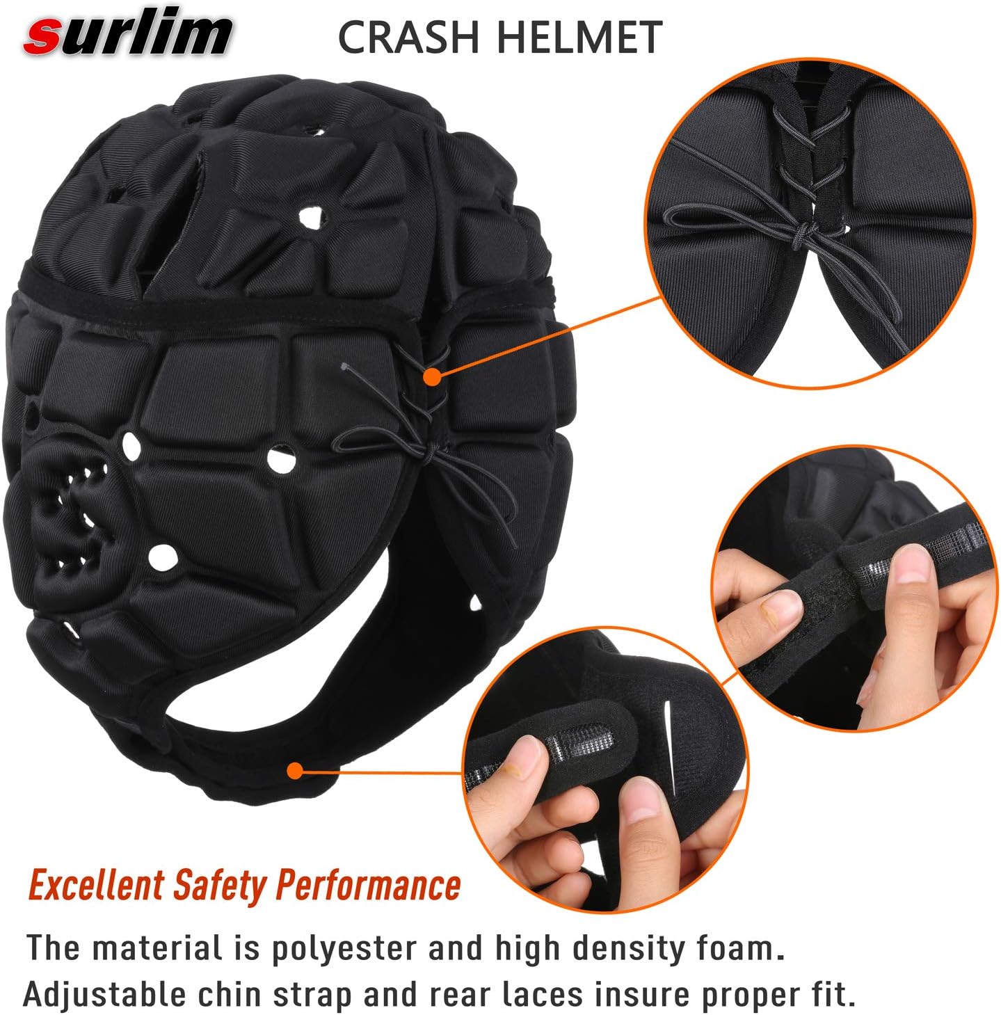 Surlim Soft Helmet Flag Football Rugby Helmet Scrum Cap Soft Shell Helmet Soccer Headgear Special Needs Head Protection for Youth Adults (Black, Large) : Sports & Outdoors