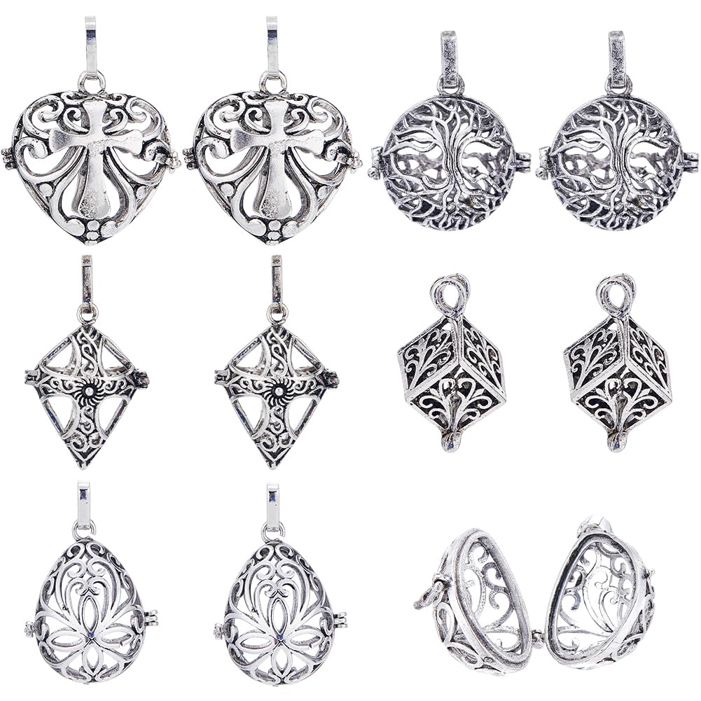SUNNYCLUE 10Pcs Locket Cage Charms Crystal Necklace Holder Silver Brass Cage Charm Pendants Cube Shape Tree of Life Openable Cross Hollow Chime Ball Pendant for jewellery Making — image 1