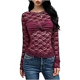 MakeMeChic Women's Twisted Floral Lace Tee Shirt Crew Neck Long Sleeve Sheer Tops
