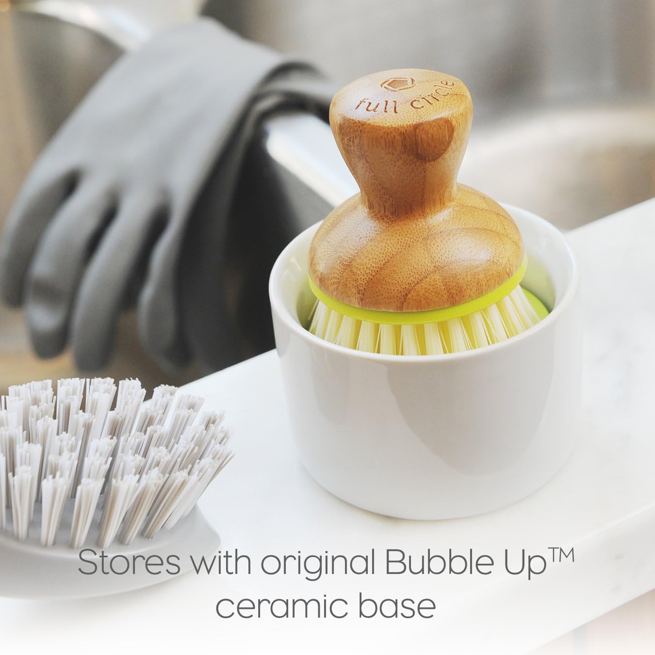 Full Circle Bubble Up Ceramic Soap Dispenser & Bamboo, Dish Brush + Dispenser, Green: Home & Kitchen