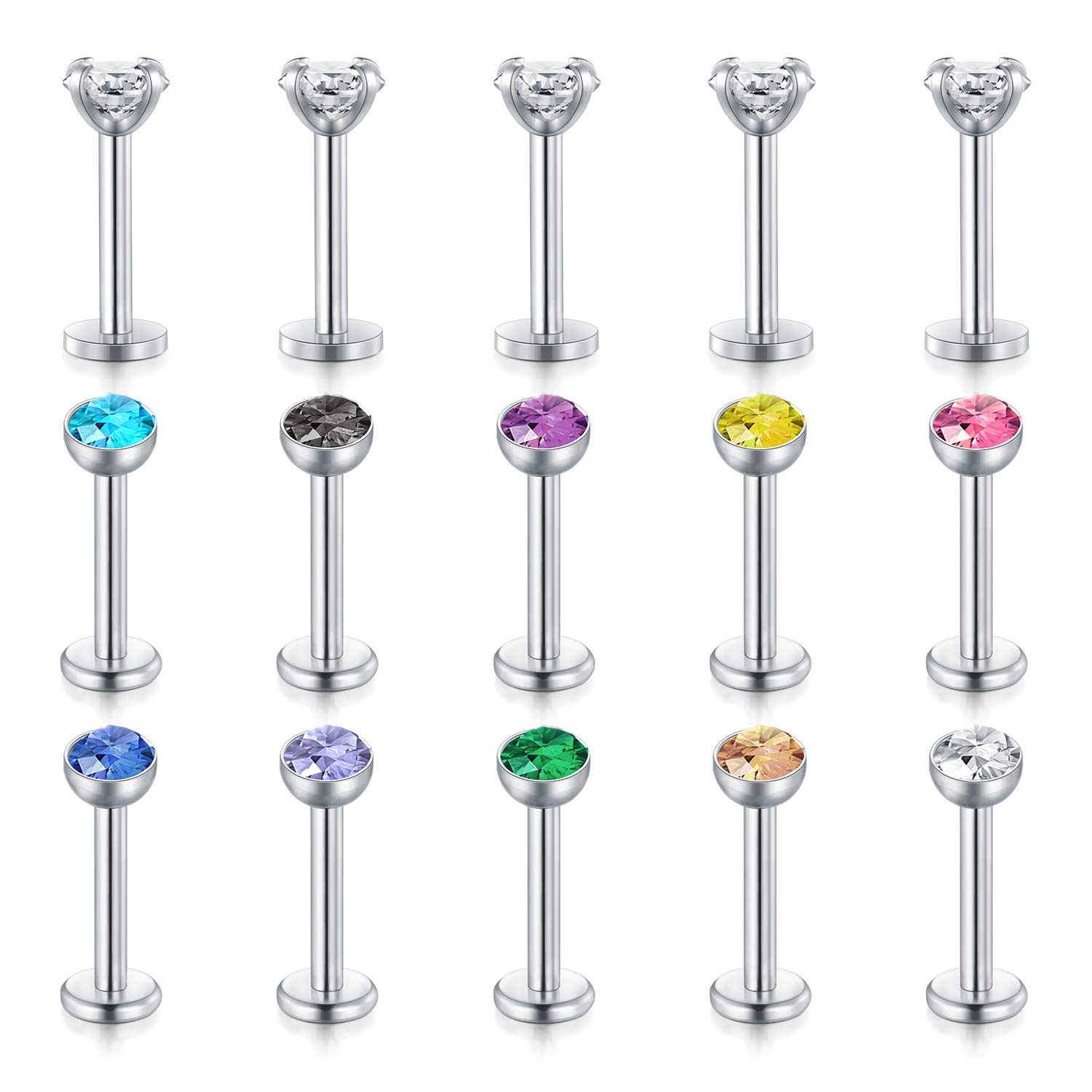 Rajnard 15Pcs 16G Tragus Helix Earrings Studs Lip Labret Studs Stainless Steel with Coulorful and Clear Crystal Monroe Medusa Piercing Jewellery for Women Men 8mm