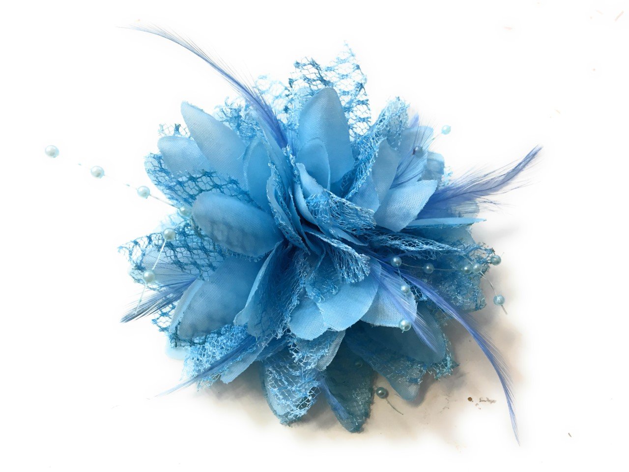 Flower Feather Bead Corsage Hair Clips Fascinator Hairband and Pin (Light Blue)
