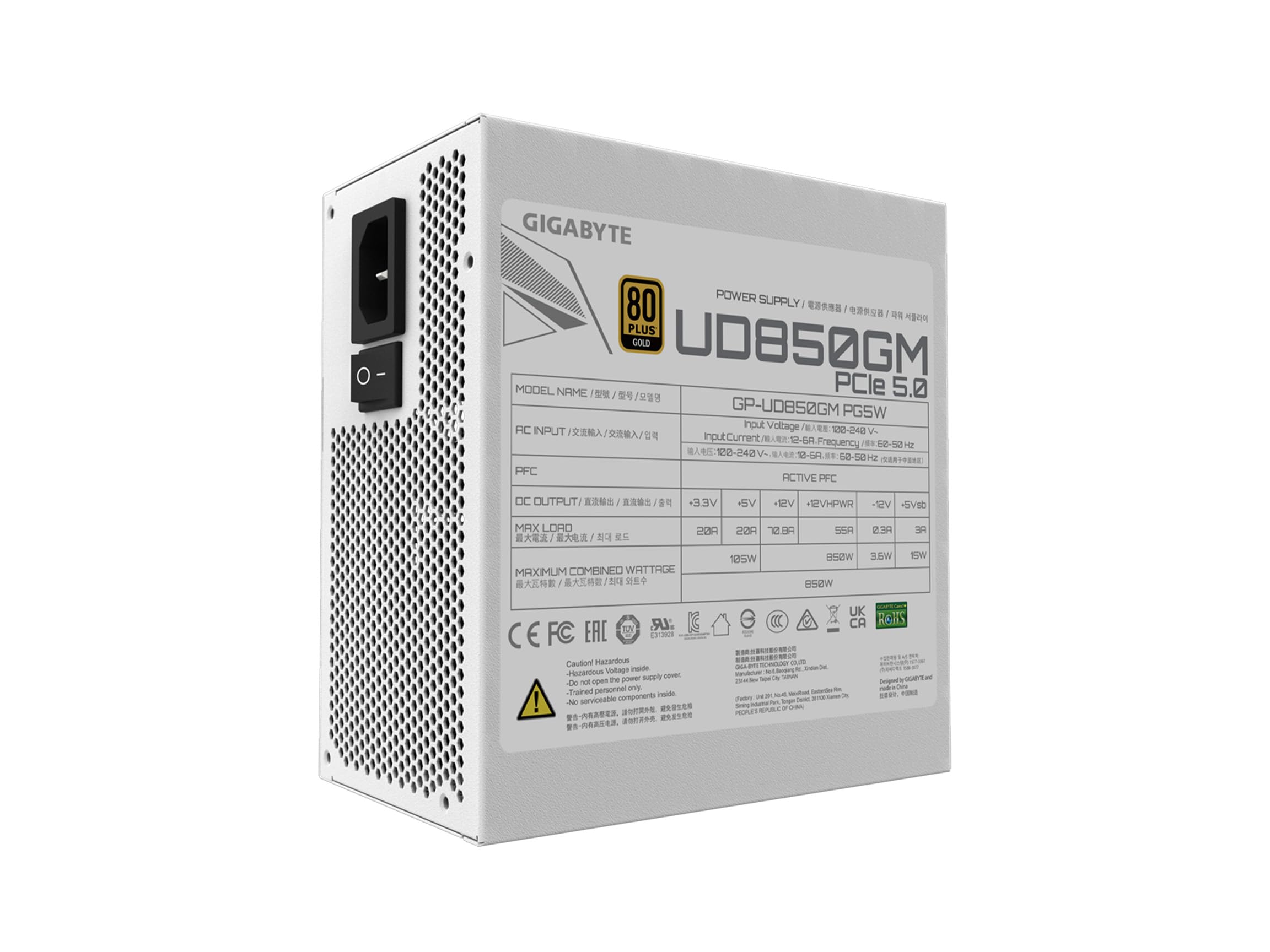GIGABYTE GP-UD850GM PG5W - PCIe5.0 Ready - ATX3.0-850W 80 Plus Gold Certified - Fully Modular Power Supply - Japanese Capacitors