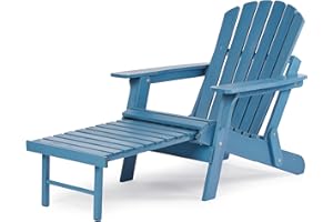 SOLIWOOD Oversized Outdoor Wooden Folding Adirondack Chair with Retractable Ottoman, Wood Patio Chair with Footrest for Garden Backyard Porch Pool Deck Firepit