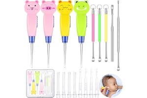 Tondiamo 17 Pieces Earwax Cleaner Tool Cute Kid's LED Earwax Spoon with Light Ear Pick Stainless Steel Ear Curette Double End Earwax Spoon Earwax Cleaning Tool Removal Kit(Vivid Style)