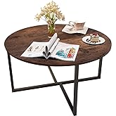 Round Living Room Coffee Table with X Base Metal Frame, Accent Furniture for Home Office, Black+Brown