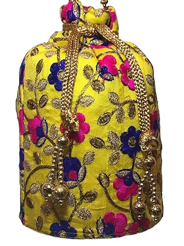 Ansuyaa Ethnic Silk Clutch Potli Batwa Pouch Bag with Embroidery and Metal Beadwork Gift For Women