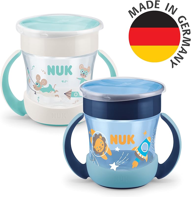 Mini Magic Cup Night Bicchiere salvagoccia | Bordo 360° anti-rovesciamento | 6+ mesi | Si illuminano al buio | Impugnatura facile | Privo di BPA | 160 ml | blu | 2 pezzi
