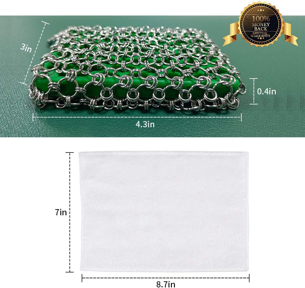 Herda Cast Iron Skillet Cleaner,Upgraded Chainmail Scrubber Set Silicone Insert with Bamboo Fiber Cloth,316 Stainless Steel 3D Chain Metal Scrubber Scraper for Castiron Pan,Griddle,Baking Pan (Green): Health & Personal Care