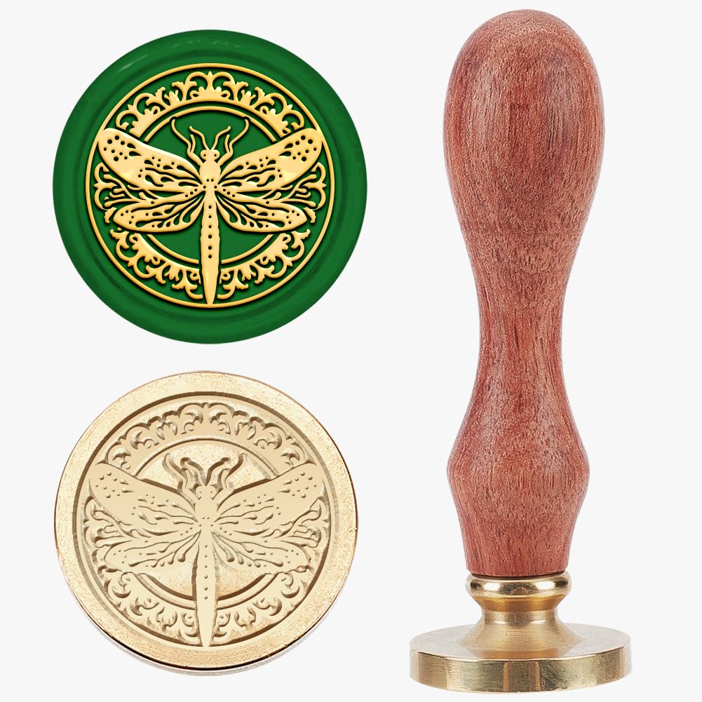 MAYJOYDIY Dragonfly Floral Wax Seal Stamp 25mm Classic Flower Wreath Sealing Wax Stamps Brass Removable Heads Wood Handle for Gift Wrapping Envelopes Cards Letters Wine Packages Decoration