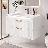 30" Bathroom Vanity with Ceramic Sink, Wall-Mounted Floating Vanity, White | 2 Large Storage Drawers, Sensor LED Light, Metal Handles, Modern Fluted Design, for Small Bathroom, Home, Spa, Hotel