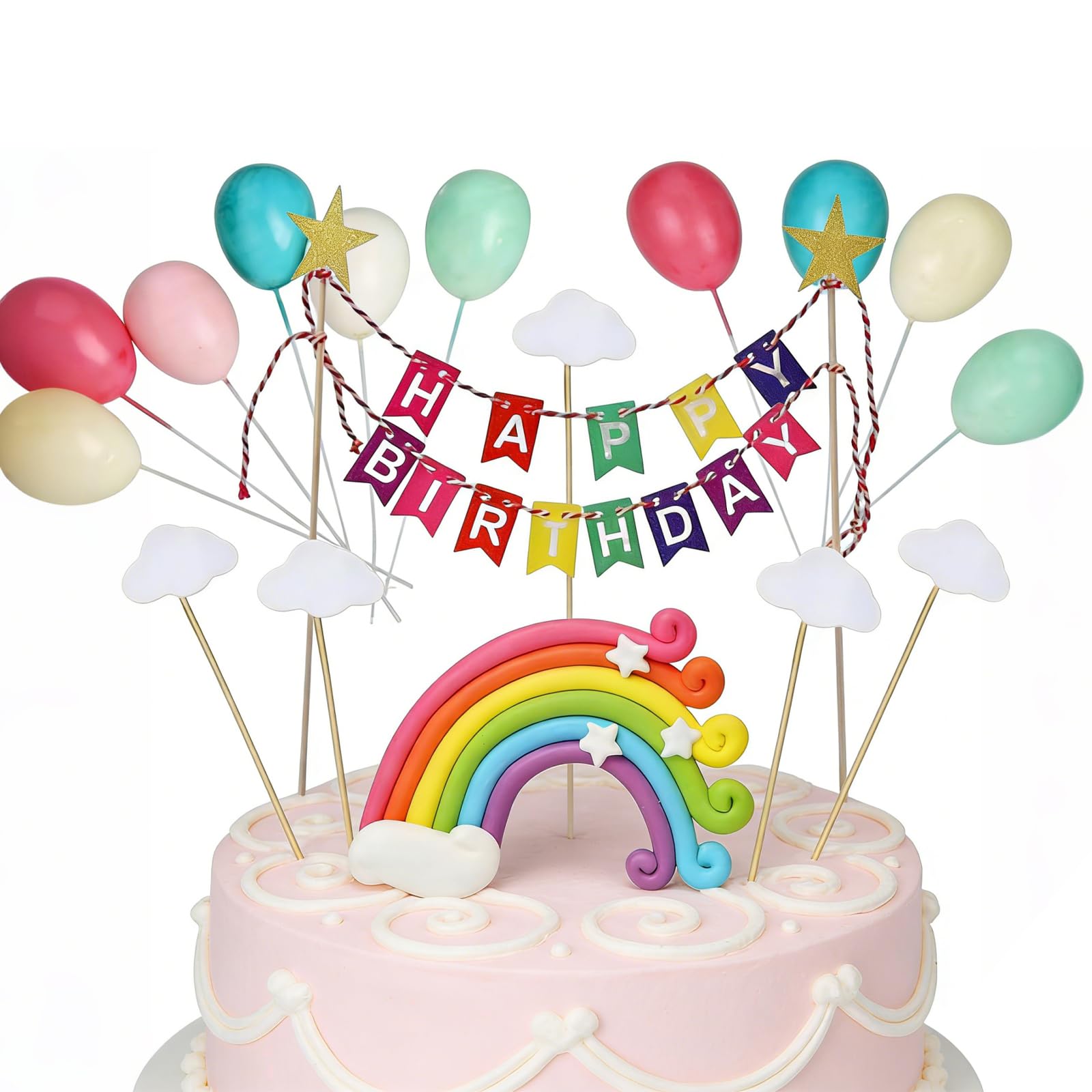 13 Pcs Cake Decorations, Rainbow Cake Topper, Birthday Cake Toppers with Clouds, Stars, Rainbows for Theme Birthday Party Decoration