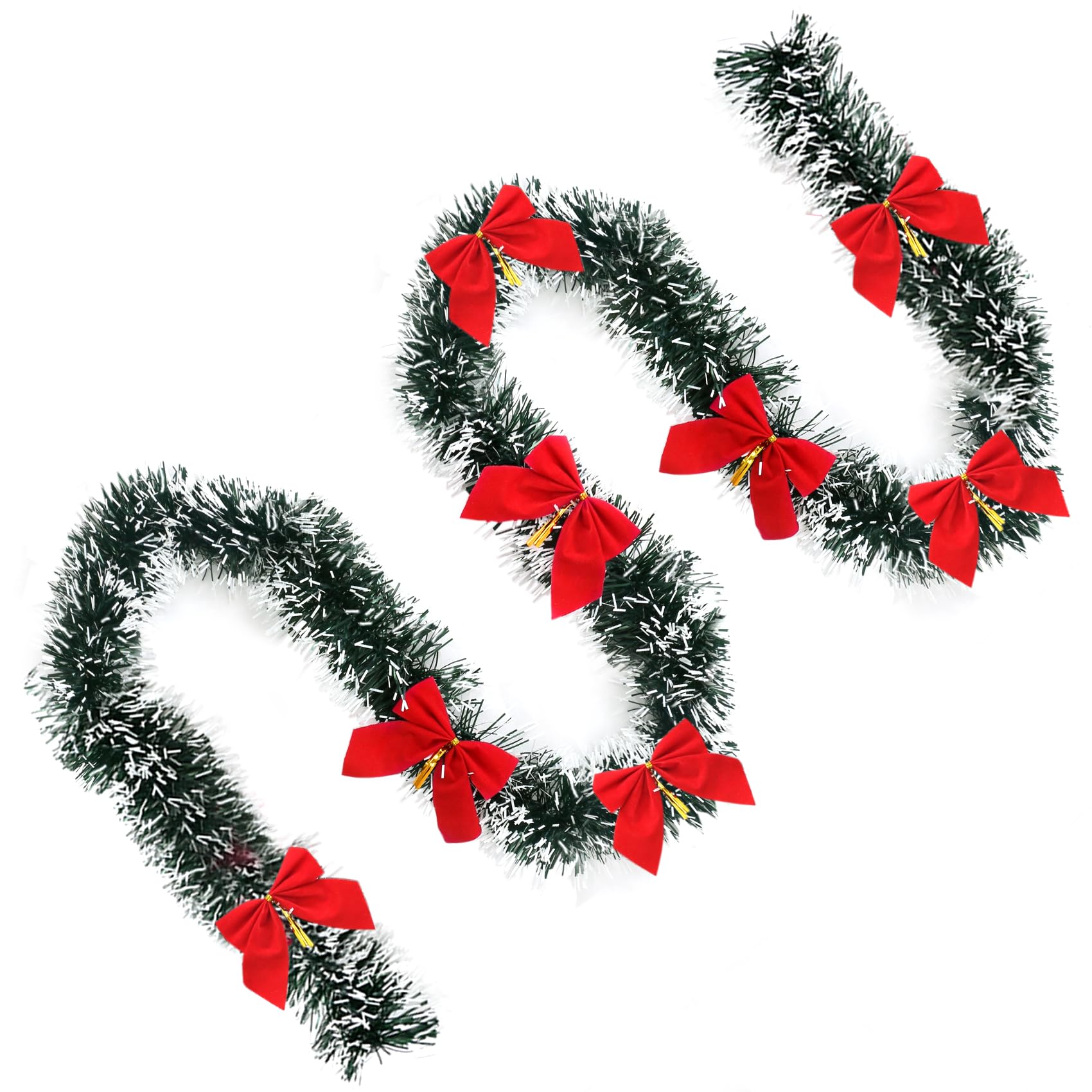 LARDUX 10 M Christmas Tinsel with Bows - Chunky Xmas Tinsel Garland Decoration for Indoor Outdoor Stairs New Year Party Christmas Tree Hanging Decor - Dark Green White