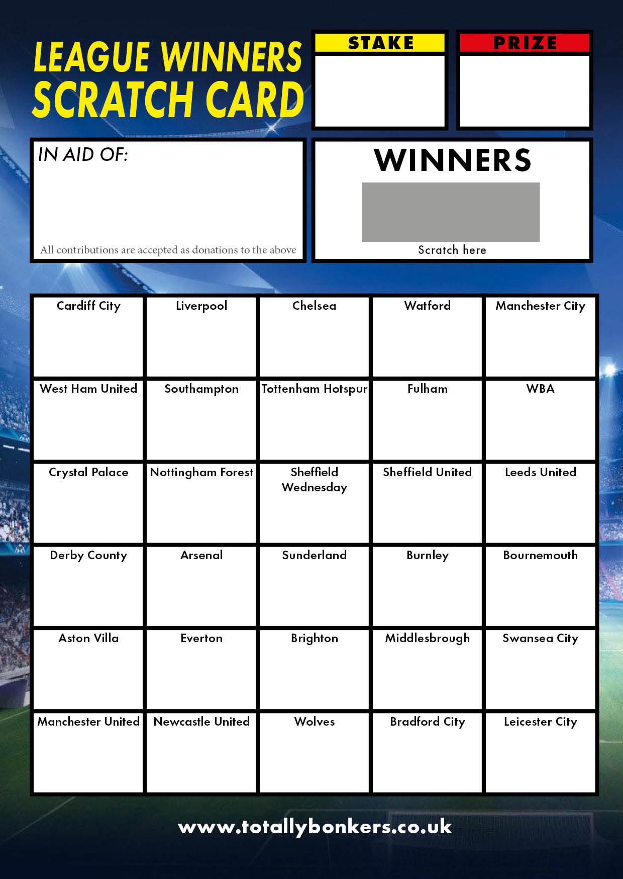 Totally Bonkers - Football Fundraising Scratch Cards - 30 Square - A6 (148x105mm) -10 Pack - TB0001 - Blind Card