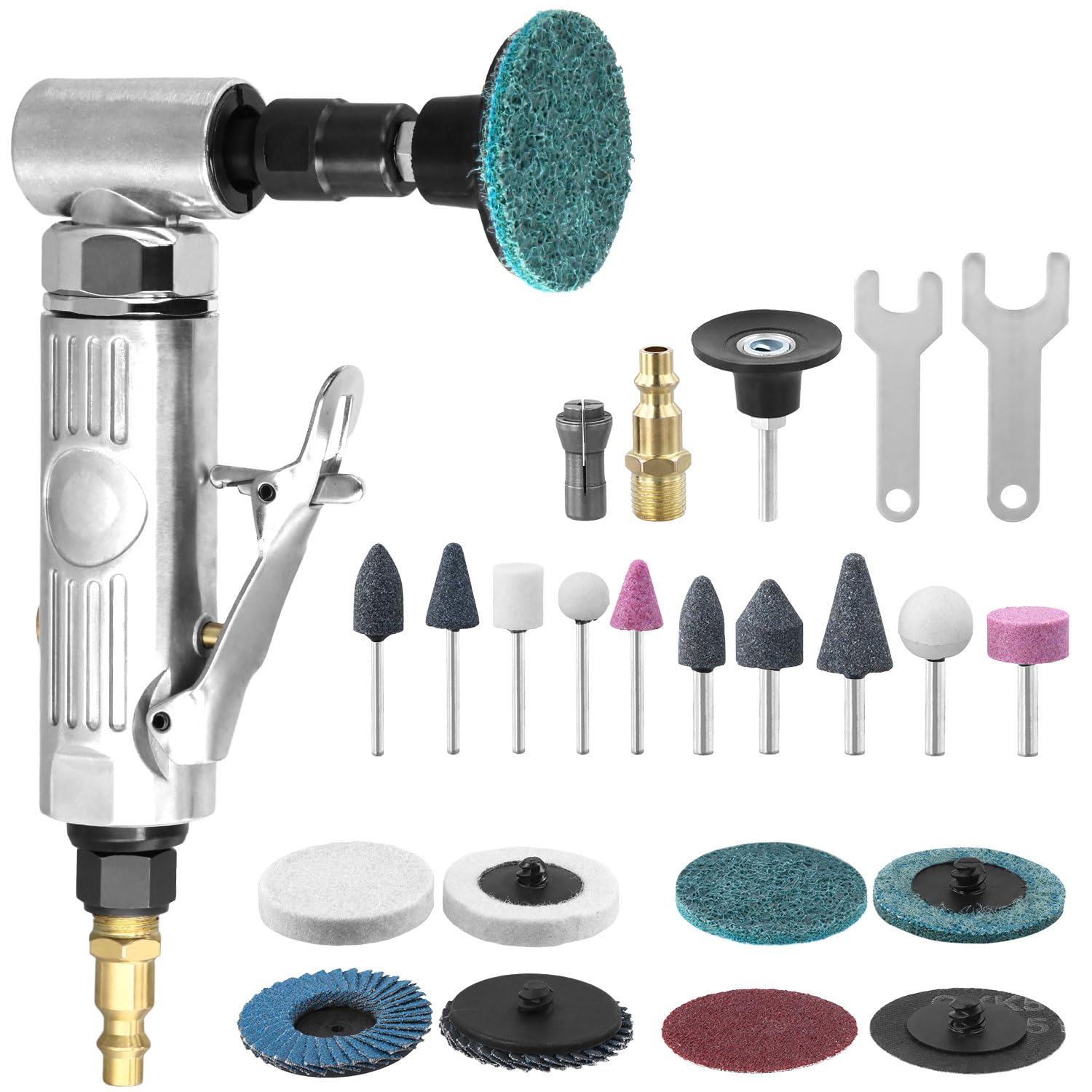 QWORK® Air Angle Die Grinder Kit 1/4", Right Angle Sander Grinder Polisher Tool Set with Grinding Stones and Sanding Discs