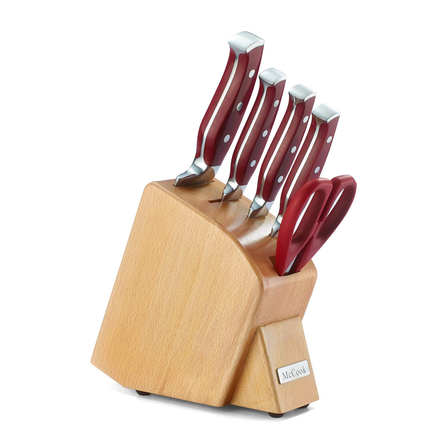 McCook MC40 6 Pieces Forged Triple Rivet Kitchen Knife Set in Natural Beech Wood Slim Block Approved by FDA (Red)