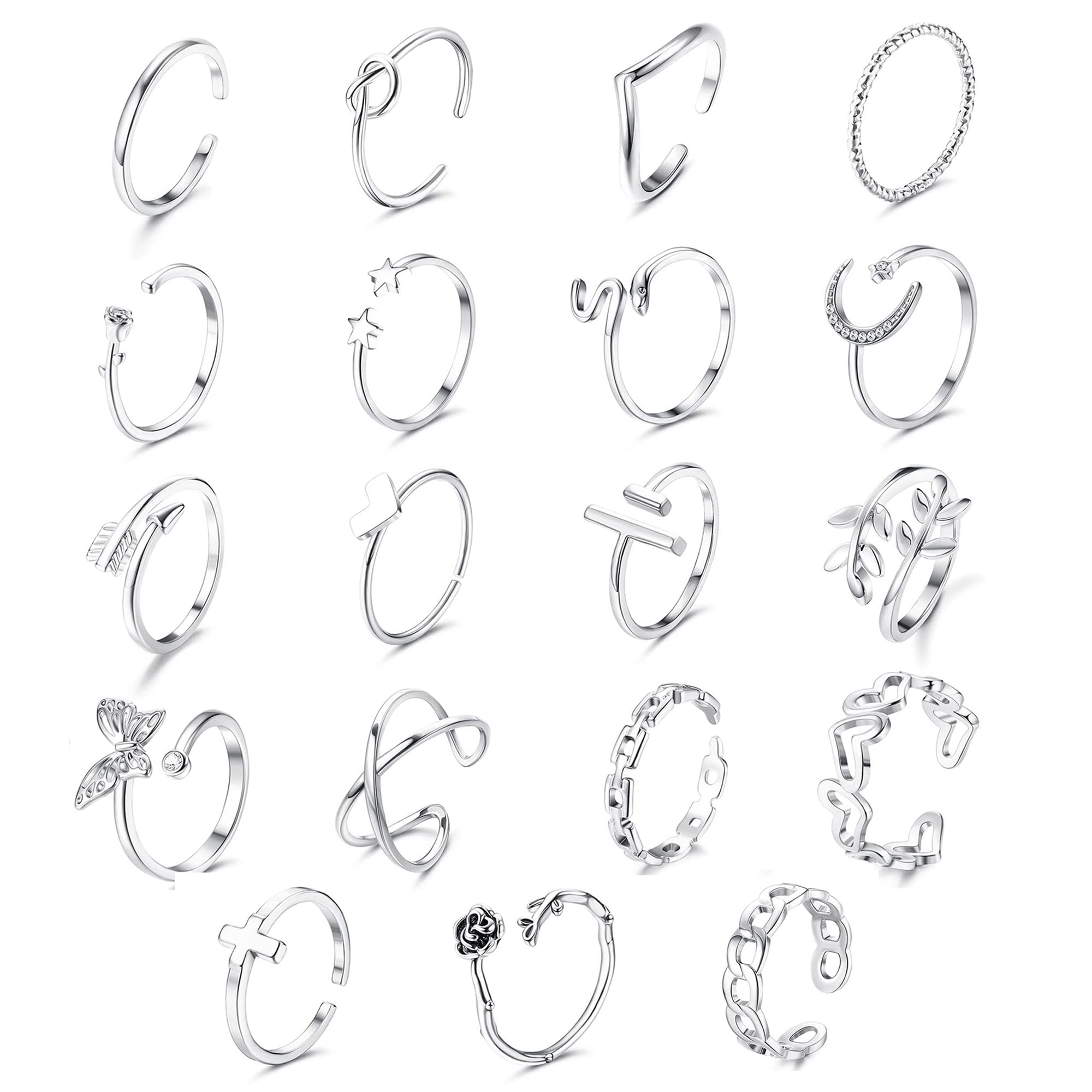 JeryWe 20PCS Adjustable Rings Set for Women Cute Simple Butterfly Plated Knot Arrow Heart Hug Finger Rings Stackable Thumb Open Rings Set for Teen Girls Plus Size